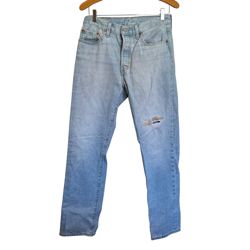 Levi's 501 150th Original Fit Jeans Light Denim Wash Floral Patchwork Detail 28